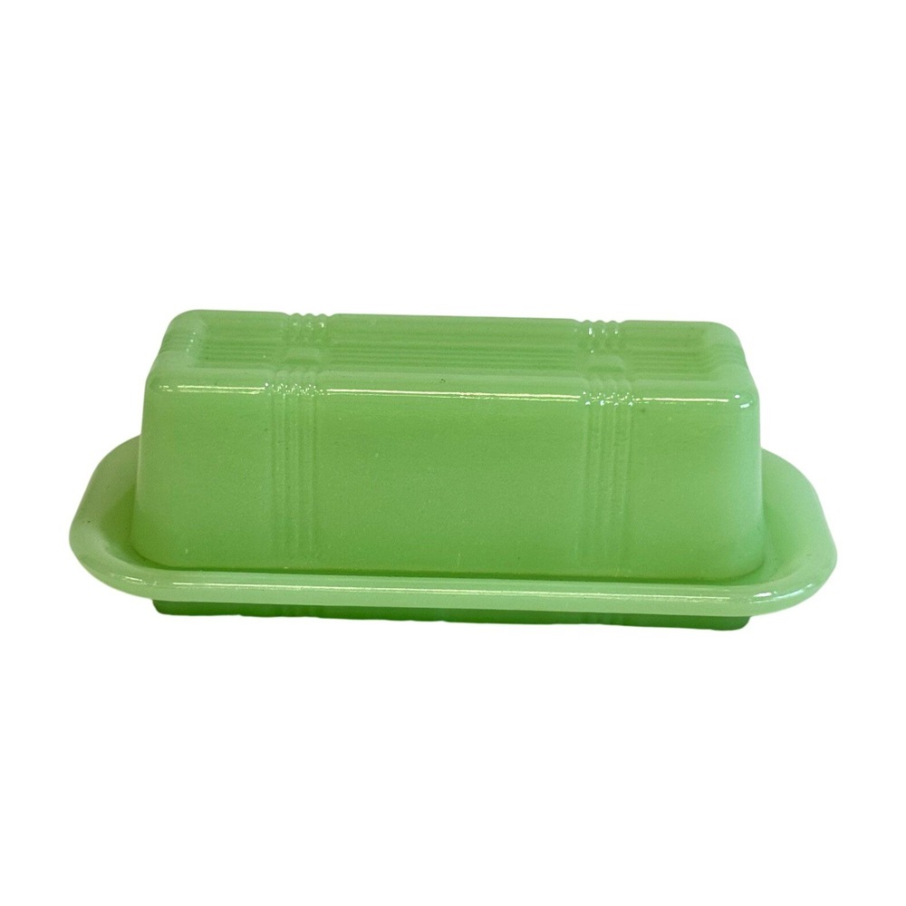 Jadeite Green Glass Covered Butter Dish Art Deco Style Ribbed Design